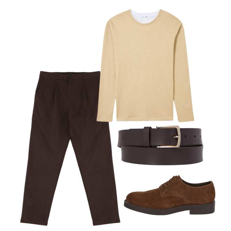Outfit uomo - Moka. Stile Trendy per Serata speciale. Abbinamento con maglieria, pantaloni chino, scarpe stringate, cinture.