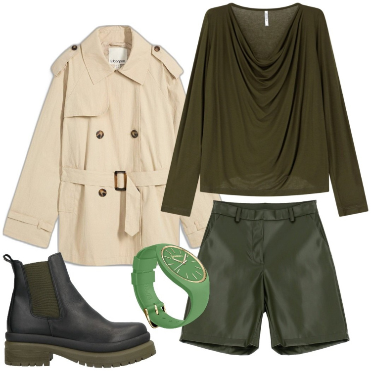 Outfit donna - Total look #2088754. Stile Casual chic per Tutti i giorni. Abbinamento con trench, stivaletti, pullovers, shorts, orologi.