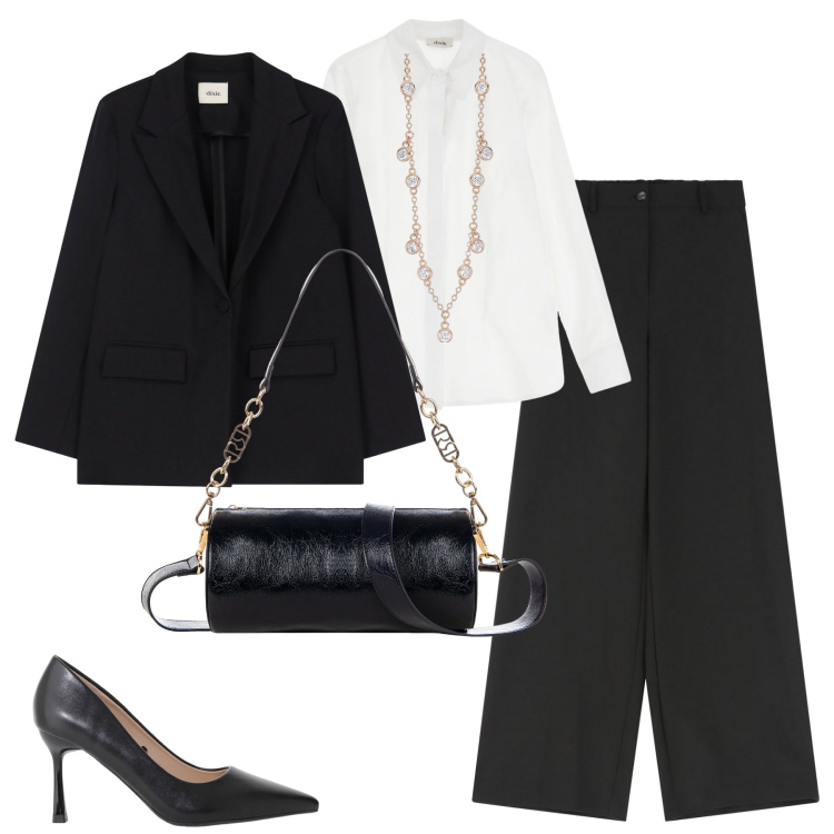 Outfit donna - Black and White. Stile Chic per Tutti i giorni. Abbinamento con collane, borse a mano, décolleté, pantaloni a palazzo, camicie, blazer.