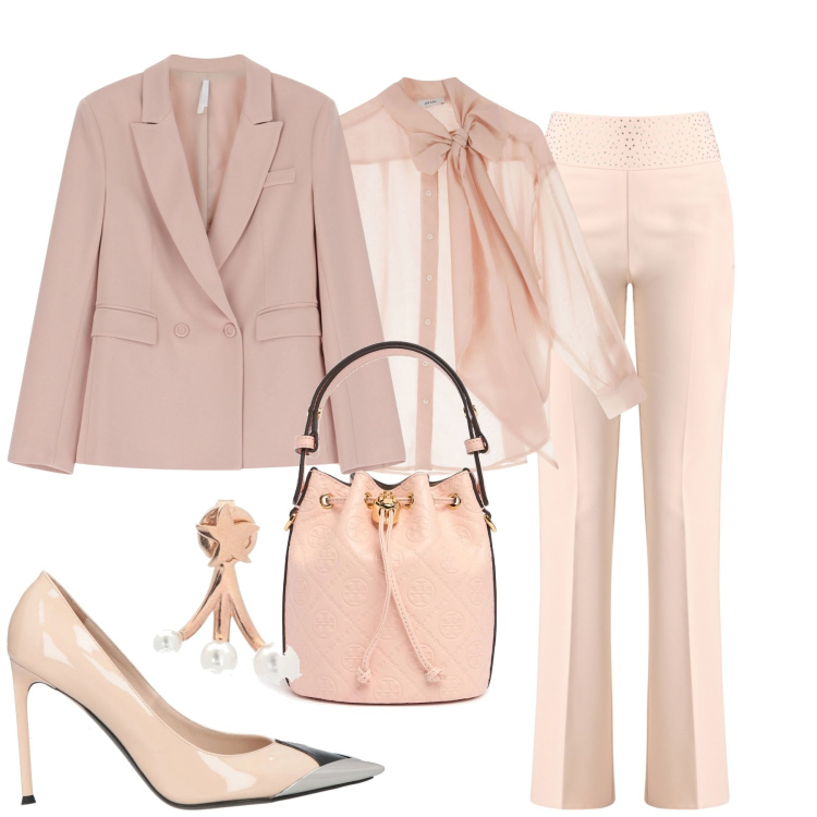 Outfit donna - Laurea in rosa. Stile Chic per Cerimonia. Abbinamento con décolleté, pantaloni, blazer, camicie, orecchini, borse a secchiello.