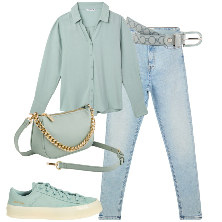 Outfit donna - City. Stile Basic per Tutti i giorni. Abbinamento con sneakers, jeans skinny, camicie, borse a tracolla, cinture.