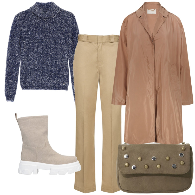 Outfit donna - Total look. Stile Urban per Tutti i giorni. Abbinamento con stivaletti, maglieria, borse a tracolla, trench, pantaloni.