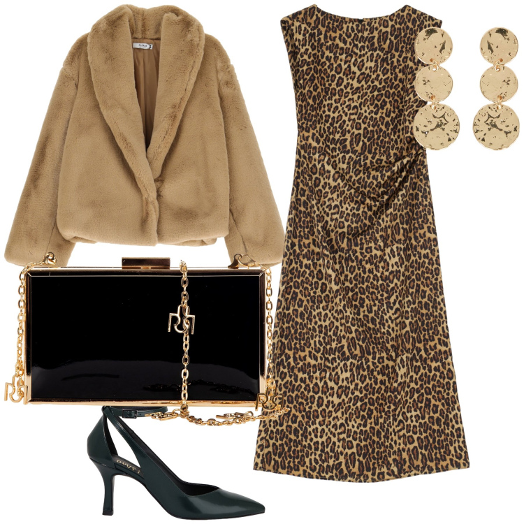 Outfit donna - Domani alla cerimonia. Stile Glamour per Cerimonia. Abbinamento con pochette, ecopellicce, décolleté, vestiti, orecchini.