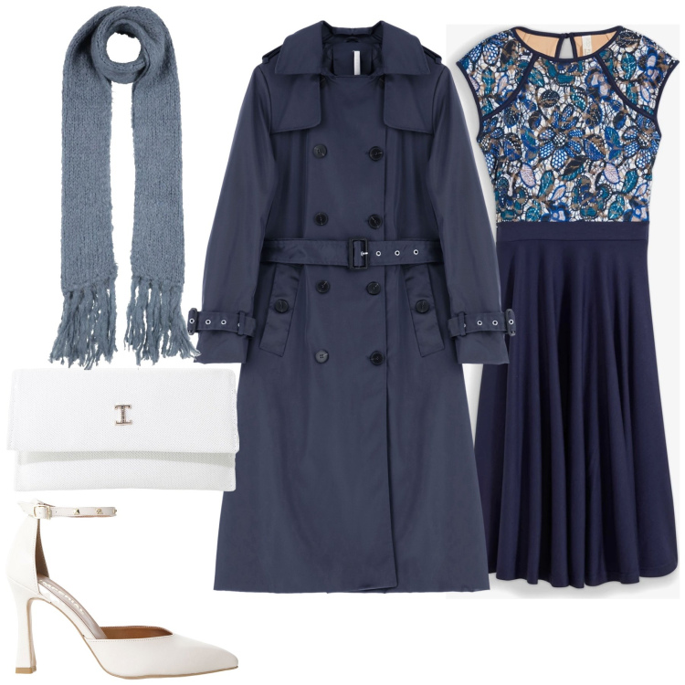 Outfit donna - Blu marin. Stile Chic per Serata fuori. Abbinamento con vestiti midi/longuette, sciarpe, trench, borse a tracolla, décolleté.
