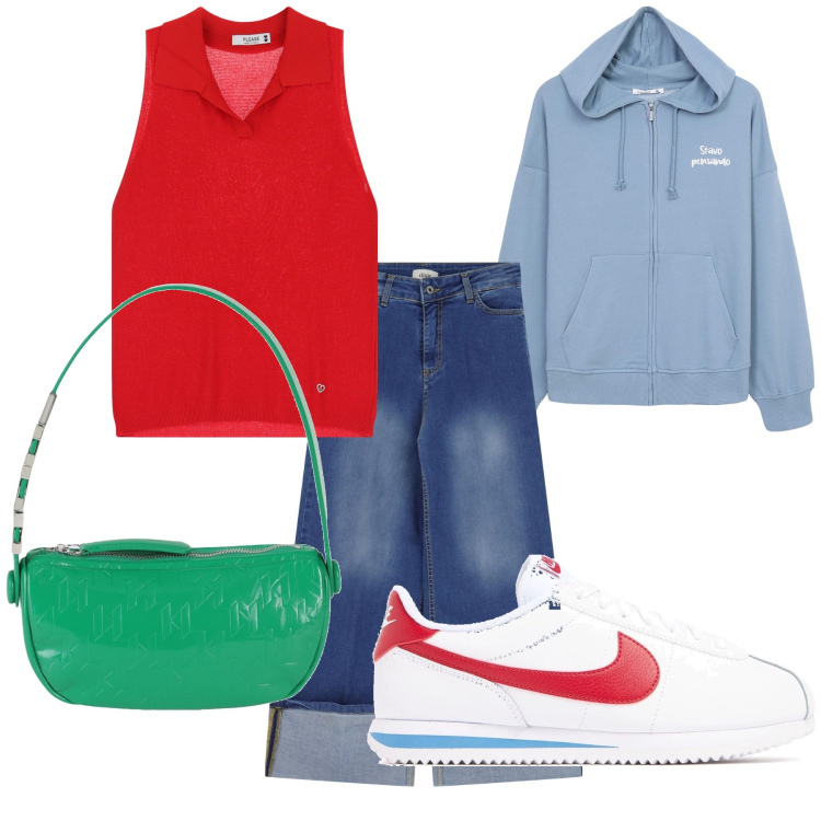 Outfit donna - Rosso azzurro e verde. Stile Trendy per Tutti i giorni. Abbinamento con borse a mano, felpe con cappuccio, top, jeans dritti, sneakers.