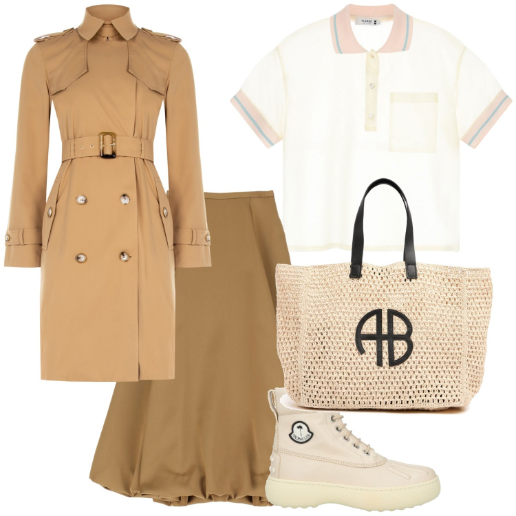 Outfit donna - Total look. Stile Urban per Ufficio. Abbinamento con stivaletti, trench, polo, gonne longuette, shopping bag.