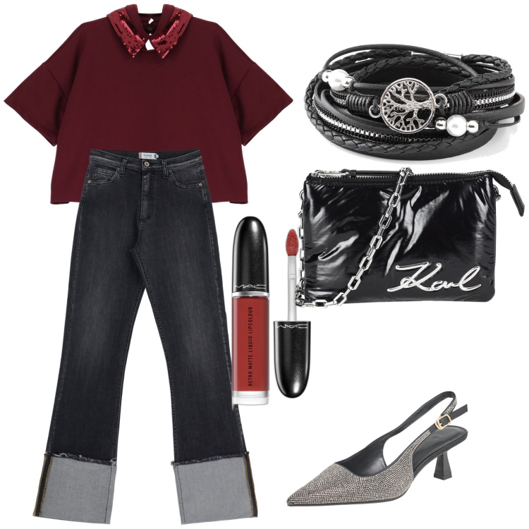 Outfit donna - Stasera apericena. Stile Glamour per Serata fuori. Abbinamento con braccialetti, borse a mano, rossetti, décolleté, t-shirt, jeans dritti.