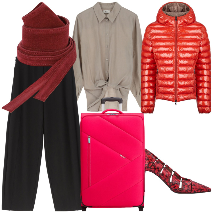 Outfit donna - Viaggio dí inizio stagione. Stile Urban per Tutti i giorni. Abbinamento con décolleté, pantaloni, cinture, camicie, blazer, valigie.