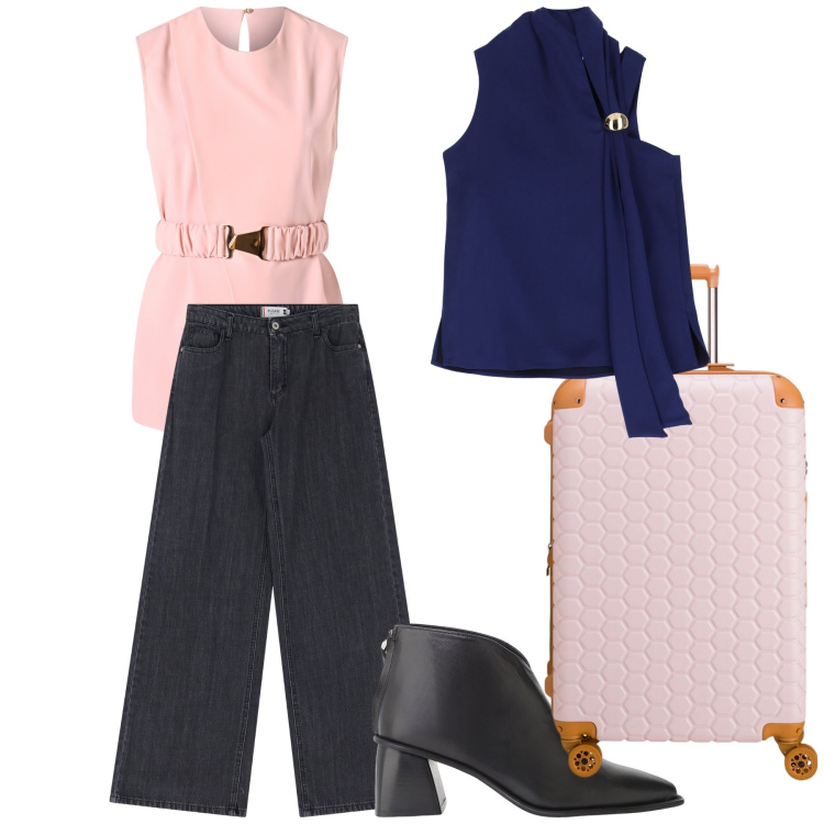 Outfit donna - In viaggio bon ton rosa nero. Stile Bon Ton per Tutti i giorni. Abbinamento con top, stivaletti, bluse, jeans, valigie.