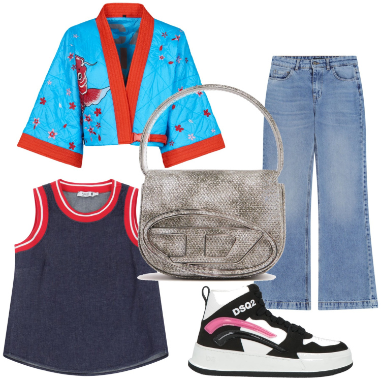 Outfit donna - Japan style. Stile Etnico per Tutti i giorni. Abbinamento con sneakers alte, top, jeans, kimono, borse a mano.