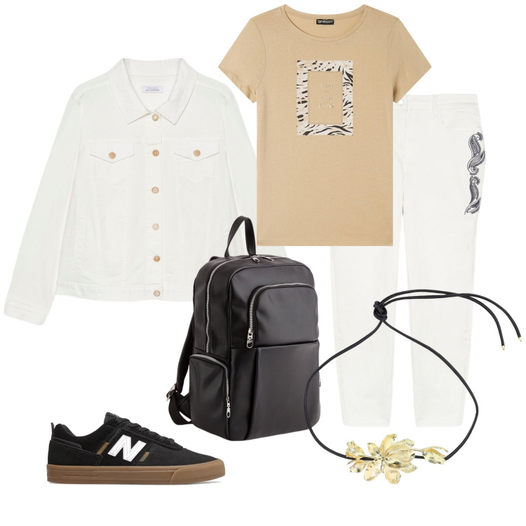 Outfit donna - Zainetto nero. Stile Casual per Tutti i giorni. Abbinamento con sneakers, t-shirt, collane, pantaloni, blazer, zaini.