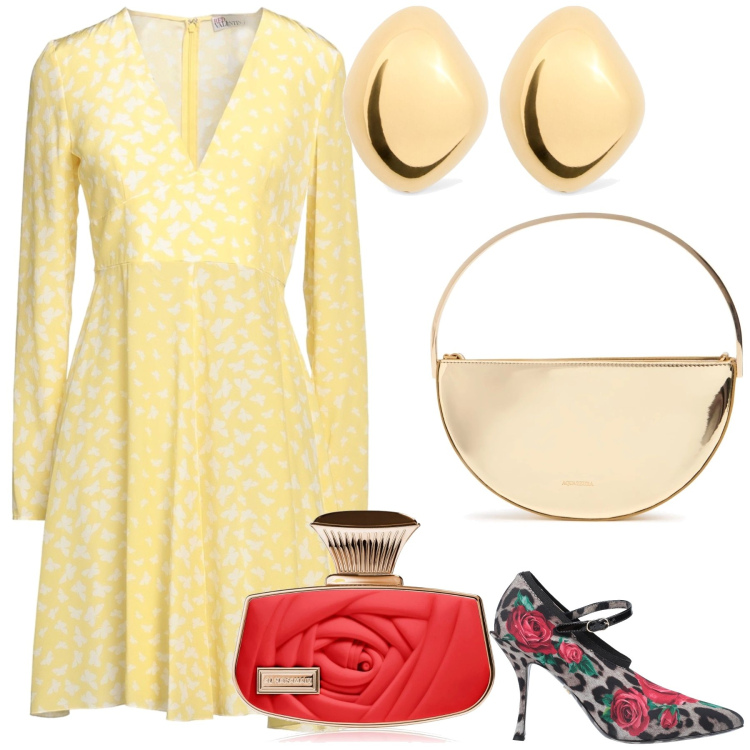 Outfit donna - Giallo e fiori. Stile Glamour per Cerimonia. Abbinamento con vestiti corti, décolleté, profumi, pochette, orecchini.