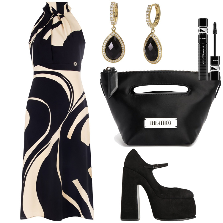 Outfit donna - Plateau al ristorante. Stile Glamour per Serata fuori. Abbinamento con décolleté, mascara, orecchini, vestiti midi/longuette, borse a mano.