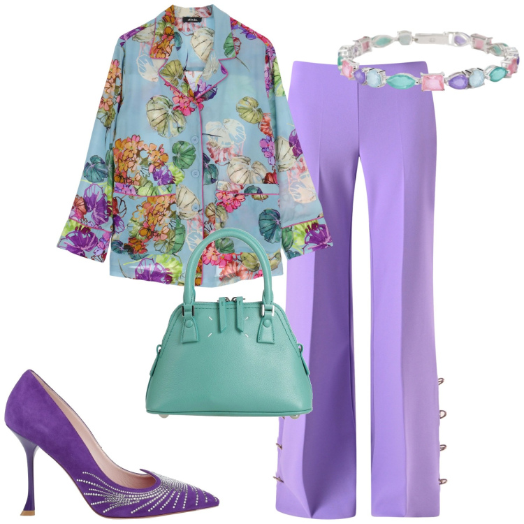 Outfit donna - Glam in viola e verde. Stile Glamour per Tutti i giorni. Abbinamento con borse a mano, décolleté, braccialetti, pantaloni a palazzo, camicie.