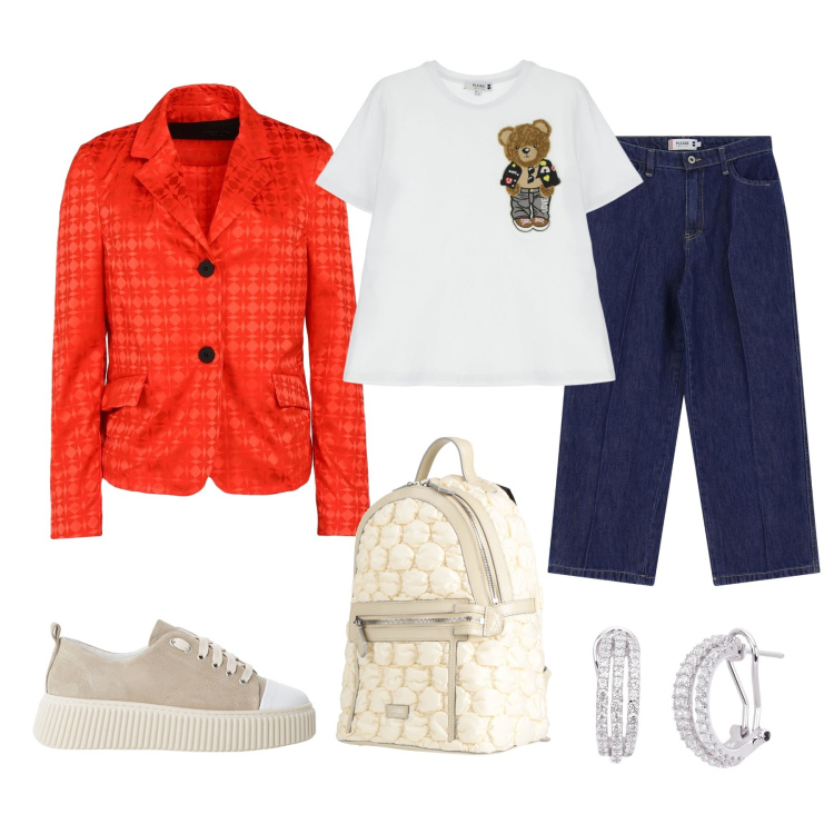 Outfit donna - Orsetto. Stile Casual per Tutti i giorni. Abbinamento con zaini, blazer, orecchini, t-shirt, jeans, sneakers.
