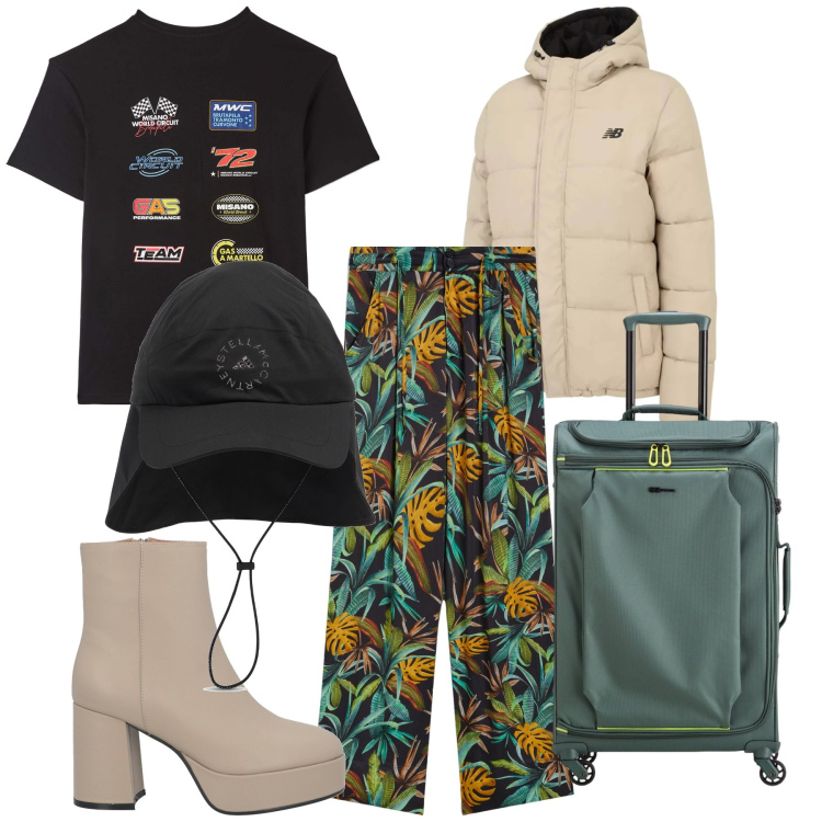 Outfit donna - Viaggio con tempo incerto. Stile Trendy per Tutti i giorni. Abbinamento con stivaletti, t-shirt, piumini, pantaloni culotte, valigie, cappelli.