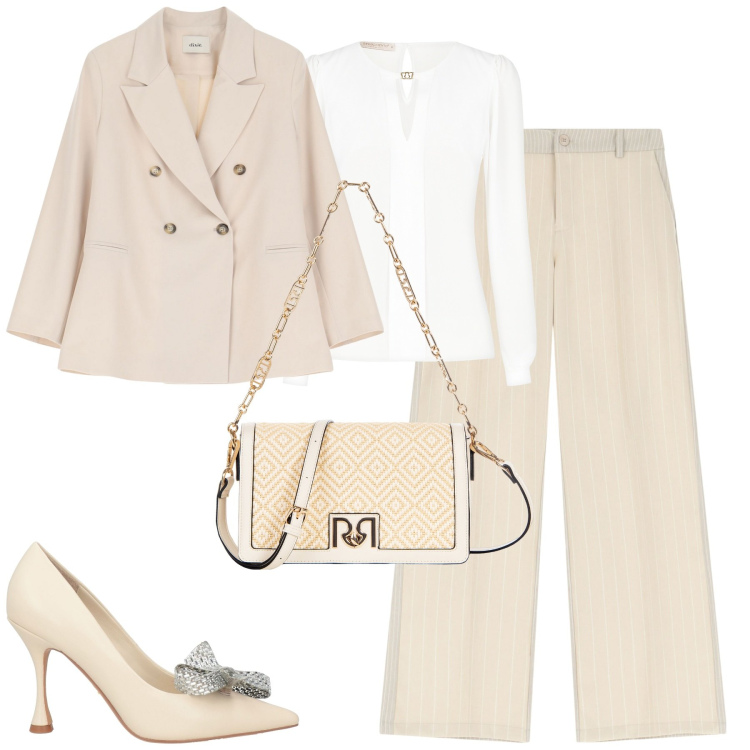 Outfit donna - Urban chic. Stile Chic per Tutti i giorni. Abbinamento con décolleté, bluse, borse a spalla, pantaloni, blazer.