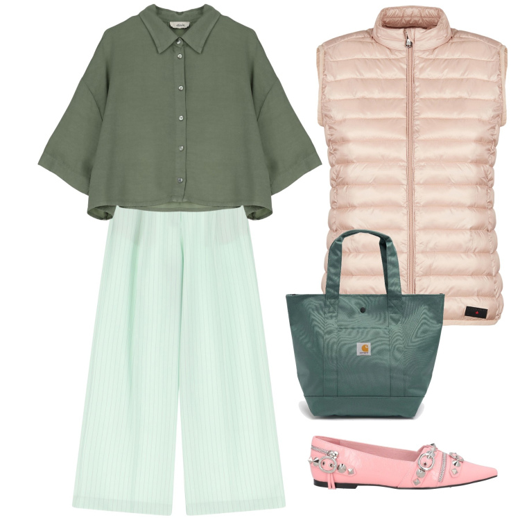 Outfit donna - The con amici. Stile Bon Ton per Tutti i giorni. Abbinamento con ballerine, pantaloni a palazzo, piumini, camicie, borse tote.