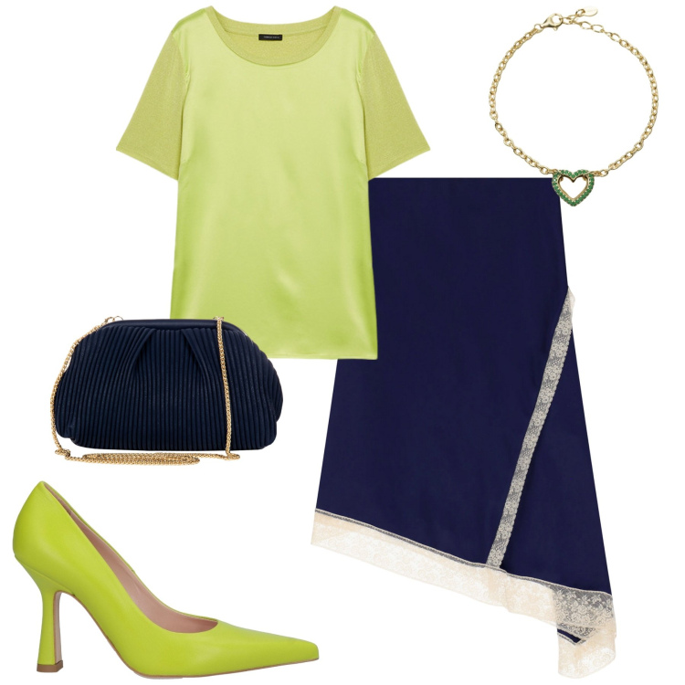 Outfit donna - Serata. Stile Trendy per Serata fuori. Abbinamento con décolleté, pochette, braccialetti, gonne longuette, t-shirt.