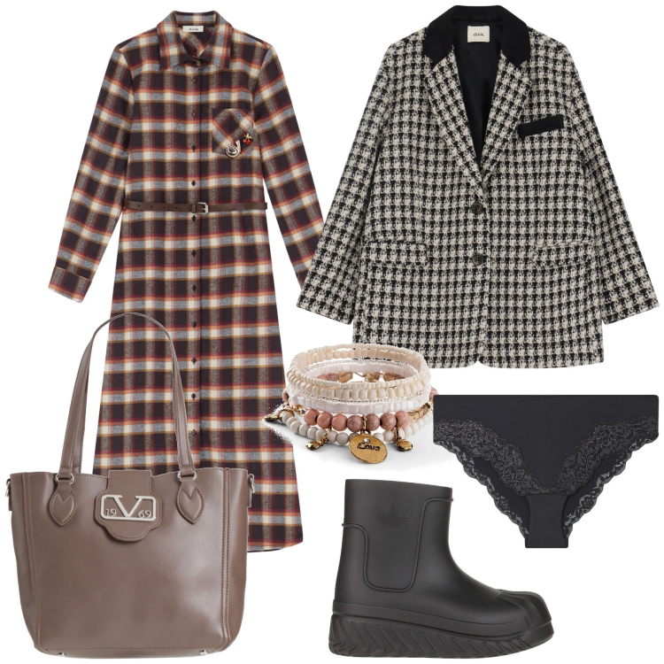 Outfit donna - A quadretti per giretti. Stile Trendy per Tutti i giorni. Abbinamento con braccialetti, borse a mano, stivaletti, culotte, blazer, vestiti chemisier.