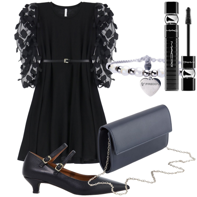 Outfit donna - Originale LBD. Stile Chic per Serata fuori. Abbinamento con mascara, vestiti, décolleté, braccialetti, pochette.
