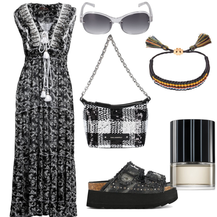 Outfit donna - Serata etnica. Stile Boho per Serata fuori. Abbinamento con vestiti lunghi, borse a mano, braccialetti, profumi, zeppe, occhiali da sole.