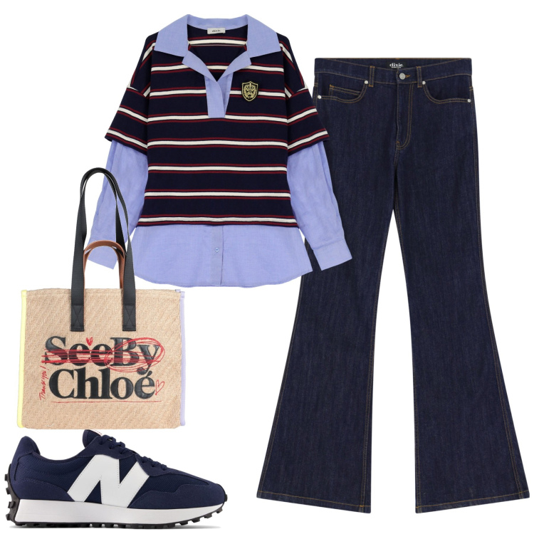 Outfit donna - City. Stile Casual chic per Tutti i giorni. Abbinamento con borse a mano, sneakers, jeans a zampa, t-shirt.