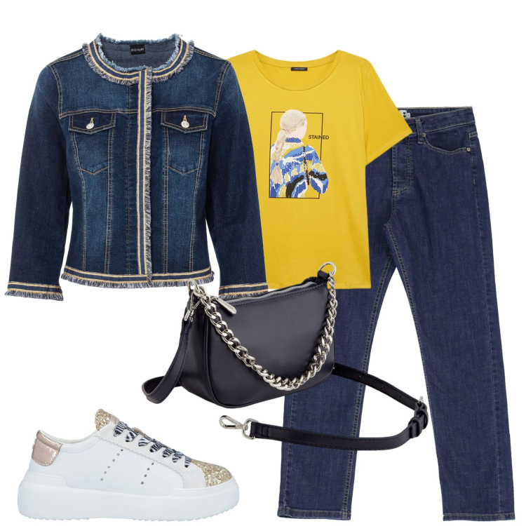 Outfit donna - City. Stile Casual chic per Tutti i giorni. Abbinamento con blazer, sneakers, jeans dritti, t-shirt, borse a tracolla.