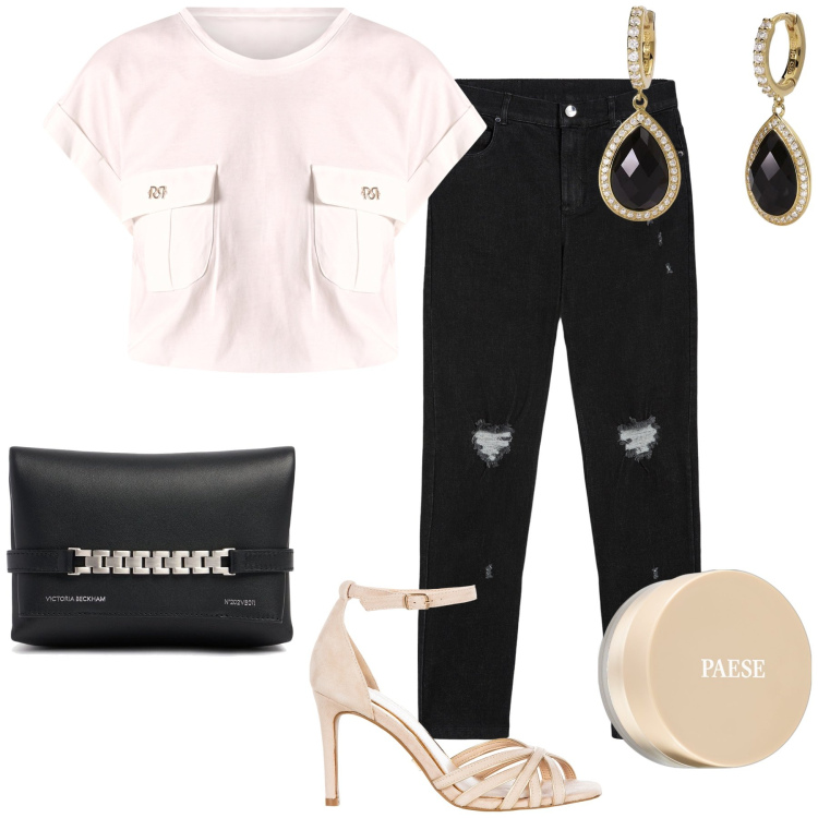 Outfit donna - Il jeans used per la sera. Stile Sporty chic per Serata fuori. Abbinamento con ciprie, orecchini, t-shirt, sandali col tacco, jeans skinny, pochette.