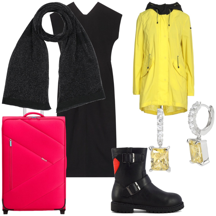 Outfit donna - Viaggio piovoso. Stile Urban per Tutti i giorni. Abbinamento con sciarpe, trench, orecchini, vestiti lunghi, stivaletti, valigie.