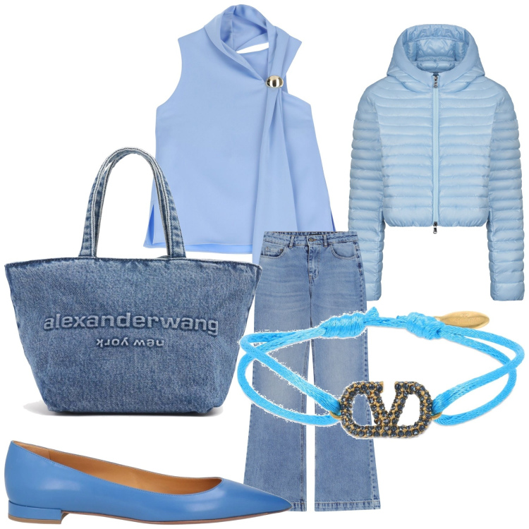 Outfit donna - Light blue. Stile Bon Ton per Tutti i giorni. Abbinamento con ballerine, top, jeans, piumini, braccialetti, borse a tracolla.