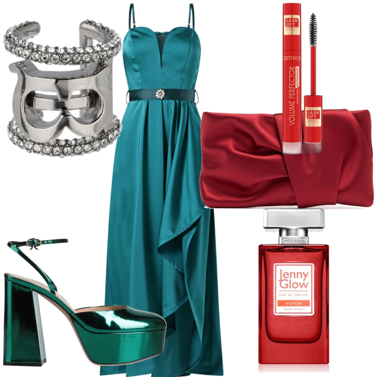 Outfit donna - Evento super importante. Stile Chic per Serata fuori. Abbinamento con décolleté, mascara, profumi, vestiti lunghi, pochette, orecchini.