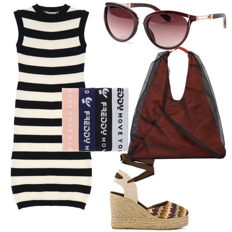 Outfit donna - Righe per il mare. Stile Trendy per Mare. Abbinamento con occhiali da sole, vestiti, braccialetti, shopping bag, sandali col tacco.