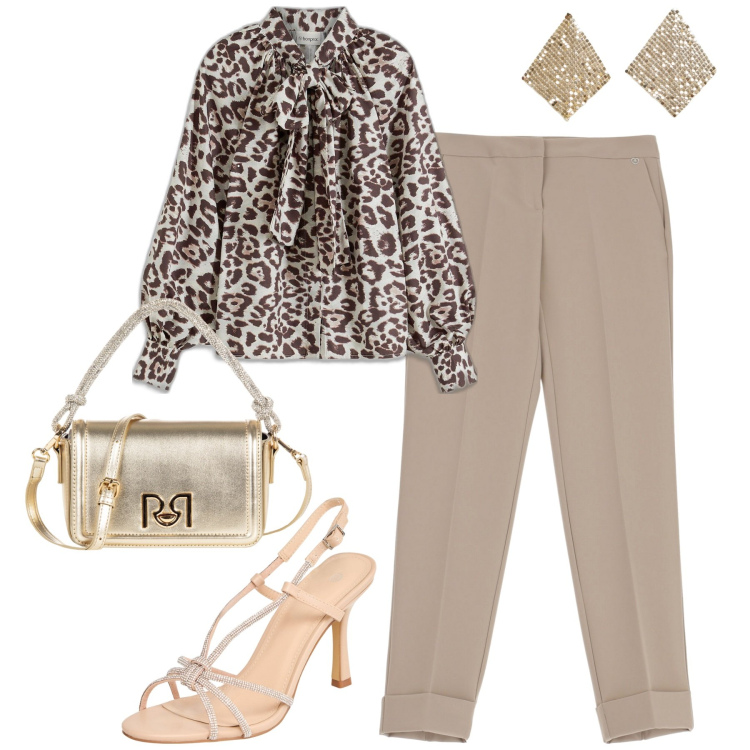 Outfit donna - Serata. Stile Chic per Serata fuori. Abbinamento con camicie, sandali col tacco, orecchini, borse a mano, pantaloni.