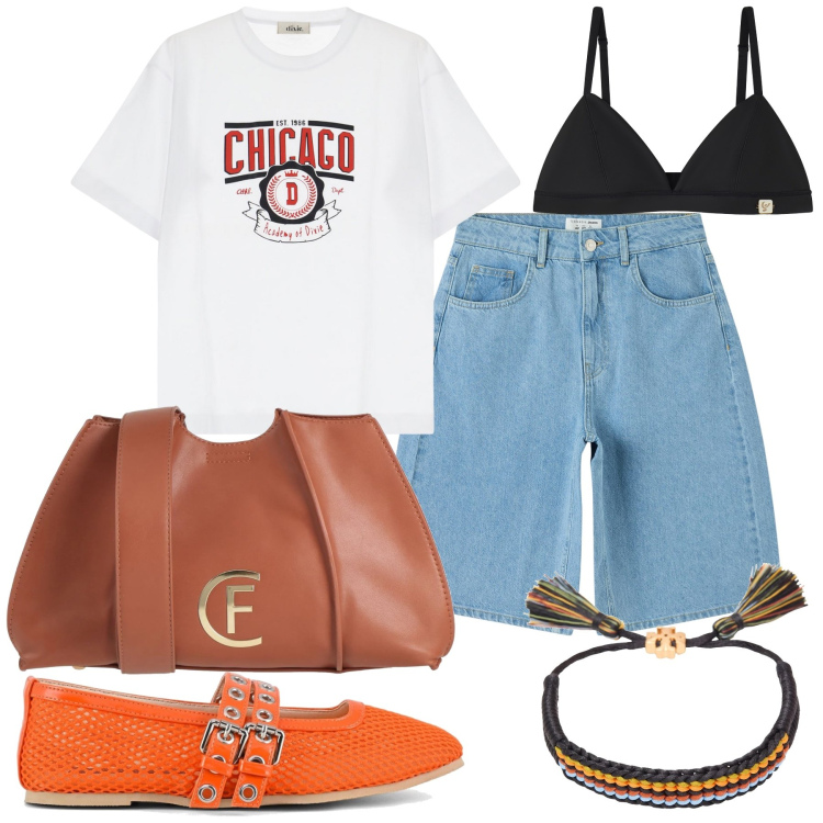Outfit donna - Total look. Stile Preppy per Tutti i giorni. Abbinamento con borse a tracolla, braccialetti, bermuda, reggiseni, t-shirt, ballerine.