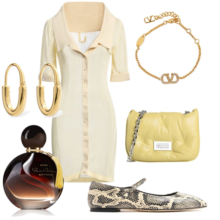 Outfit donna - Spritz. Stile Glamour per Serata fuori. Abbinamento con borse a tracolla, vestiti corti, profumi, ballerine, braccialetti, orecchini.