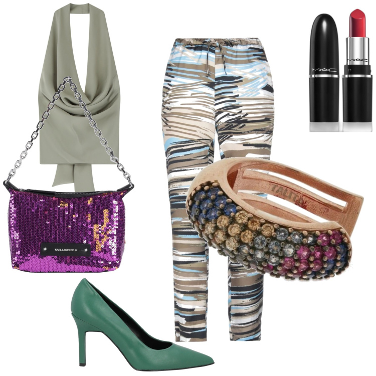 Outfit donna - Look insolito da serata. Stile Glamour per Serata fuori. Abbinamento con pantaloni, décolleté, borse a mano, rossetti, top, orecchini.