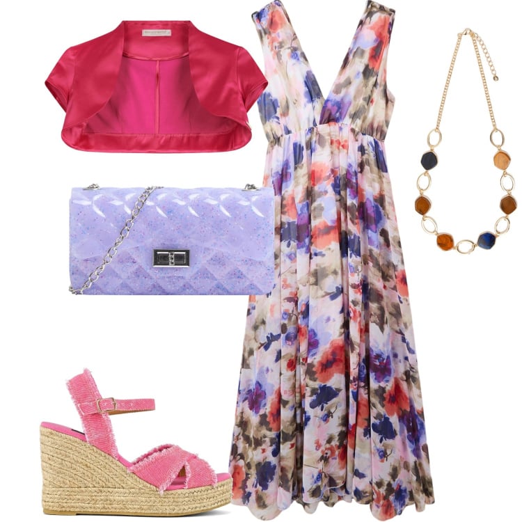 Outfit donna - Serata. Stile Romantica per Serata fuori. Abbinamento con vestiti lunghi, borse a tracolla, bolero, collane, sandali col tacco.