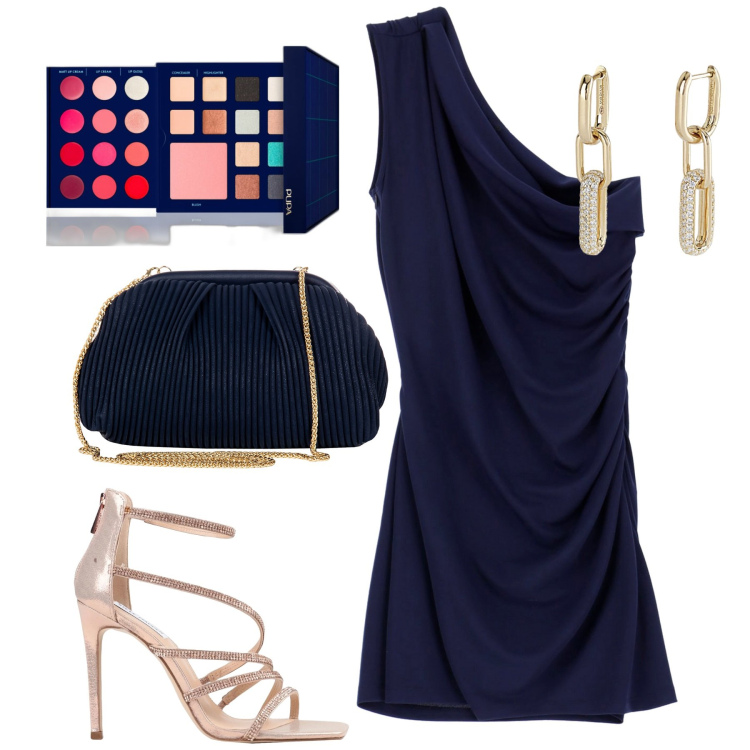 Outfit donna - Elegante in blu. Stile Chic per Serata fuori. Abbinamento con sandali col tacco, terre, orecchini, pochette, vestiti corti.