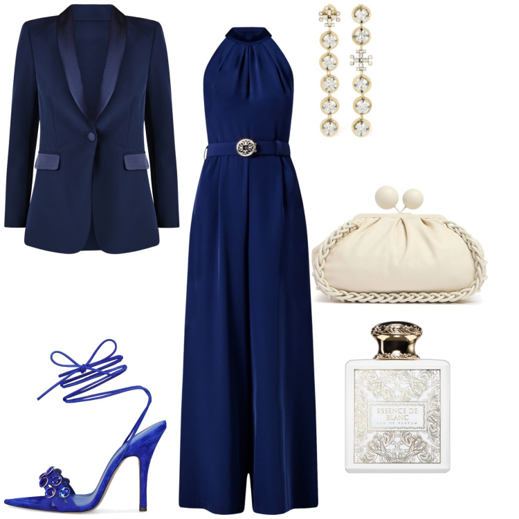 Outfit donna - Sandali Grid in camoscio blu. Stile Chic per Cerimonia. Abbinamento con profumi, tute, blazer, pochette, sandali in pelle, orecchini.