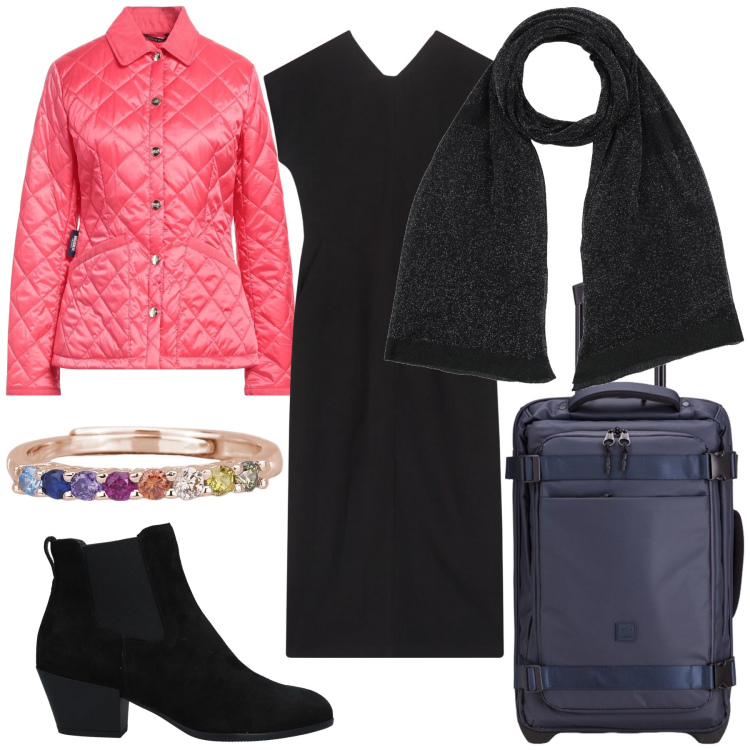 Outfit donna - Weekend si parte. Stile Urban per Tutti i giorni. Abbinamento con stivaletti chelsea, sciarpe, piumini, anelli, vestiti lunghi, valigie.