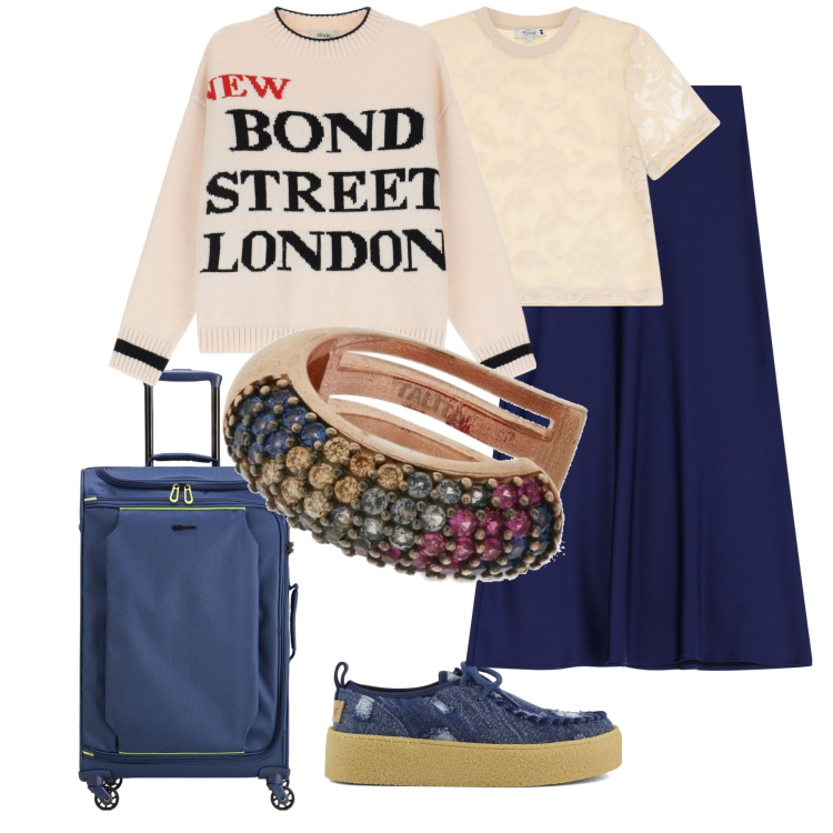 Outfit donna - Street london. Stile Casual chic per Tutti i giorni. Abbinamento con t-shirt, gonne lunghe, maglieria, mocassini, orecchini, valigie.