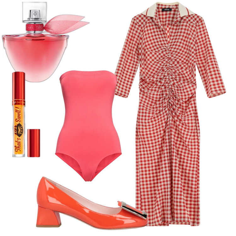 Outfit donna - Monocolore. Stile Trendy per Ufficio. Abbinamento con décolleté, gloss, profumi, vestiti, body.