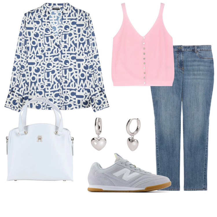 Outfit donna - Letterine e cuoricini. Stile Casual chic per Tutti i giorni. Abbinamento con borse a mano, orecchini, sneakers, top, jeans skinny, bluse.