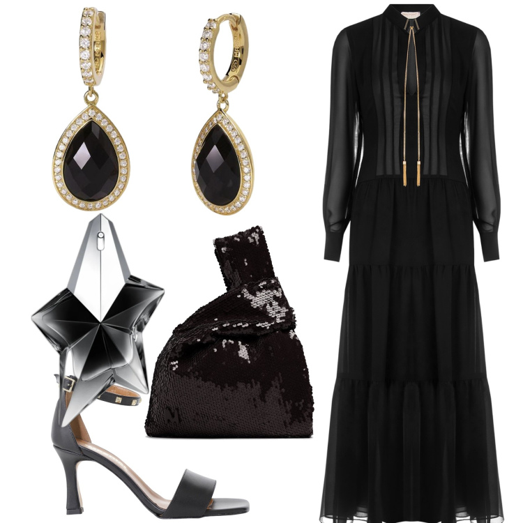 Outfit donna - Angel. Stile Glamour per Serata fuori. Abbinamento con profumi, orecchini, vestiti lunghi, sandali col tacco, pochette.