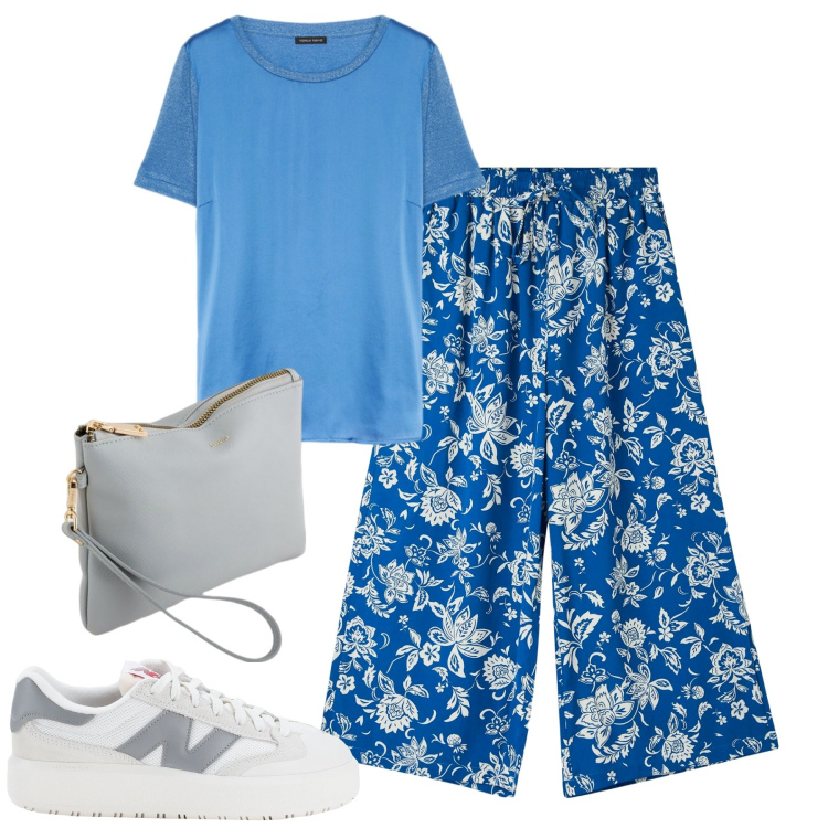 Outfit donna - City. Stile Casual per Tutti i giorni. Abbinamento con sneakers, pantaloni a palazzo, t-shirt, pochette.
