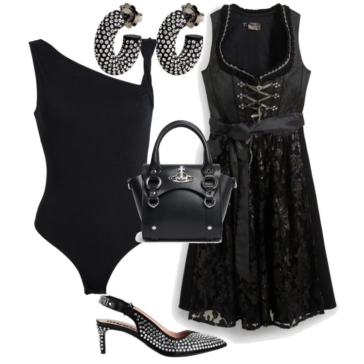 Outfit donna - Simply black. Stile Chic per Serata fuori. Abbinamento con body, décolleté, orecchini, vestiti, borse a mano.