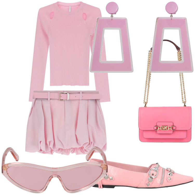 Outfit donna - Pink. Stile Bon Ton per Tutti i giorni. Abbinamento con orecchini, ballerine, borse a spalla, minigonne, maglieria, occhiali da sole.