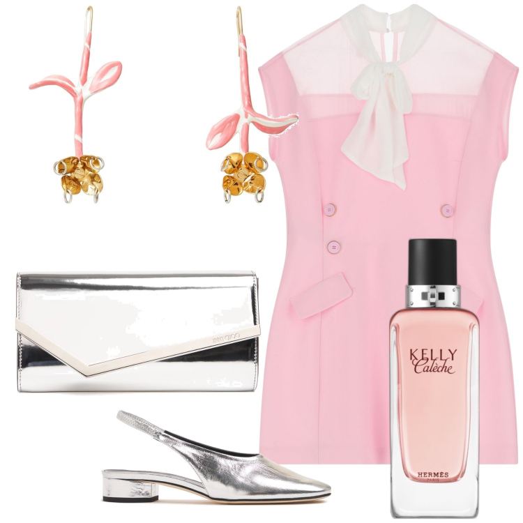 Outfit donna - Bon ton a cena. Stile Romantica per Serata fuori. Abbinamento con orecchini, profumi, vestiti corti, pochette, scarpe col tacco.