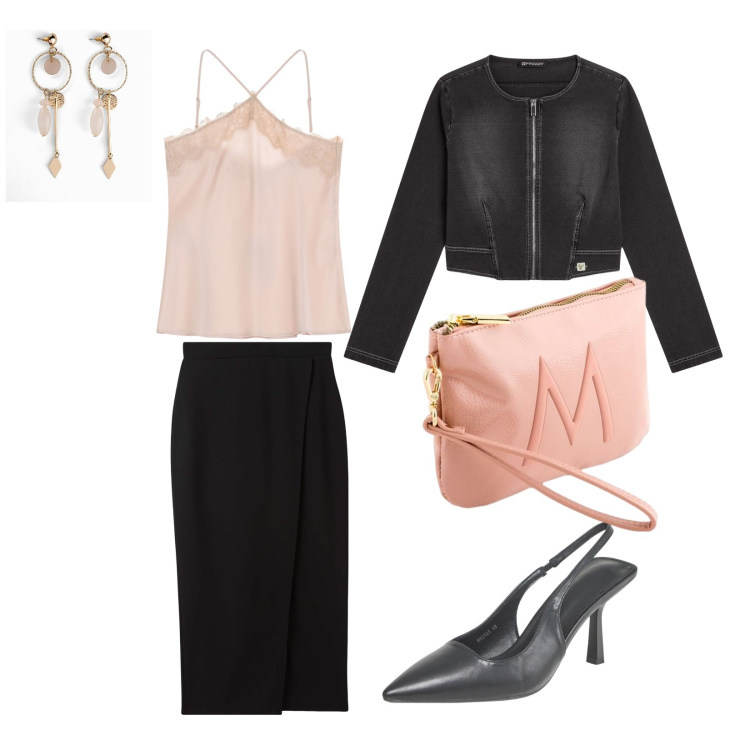 Outfit donna - Serata tra amiche. Stile Chic per Serata fuori. Abbinamento con orecchini, gonne longuette, décolleté, top, blazer, pochette.